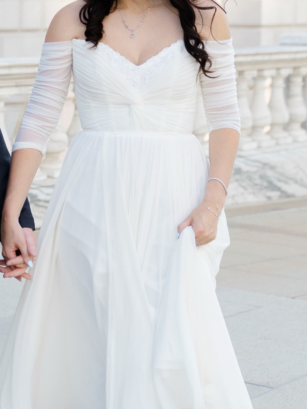 Elegant Off-Shoulder Tea-Length Wedding Dress in White